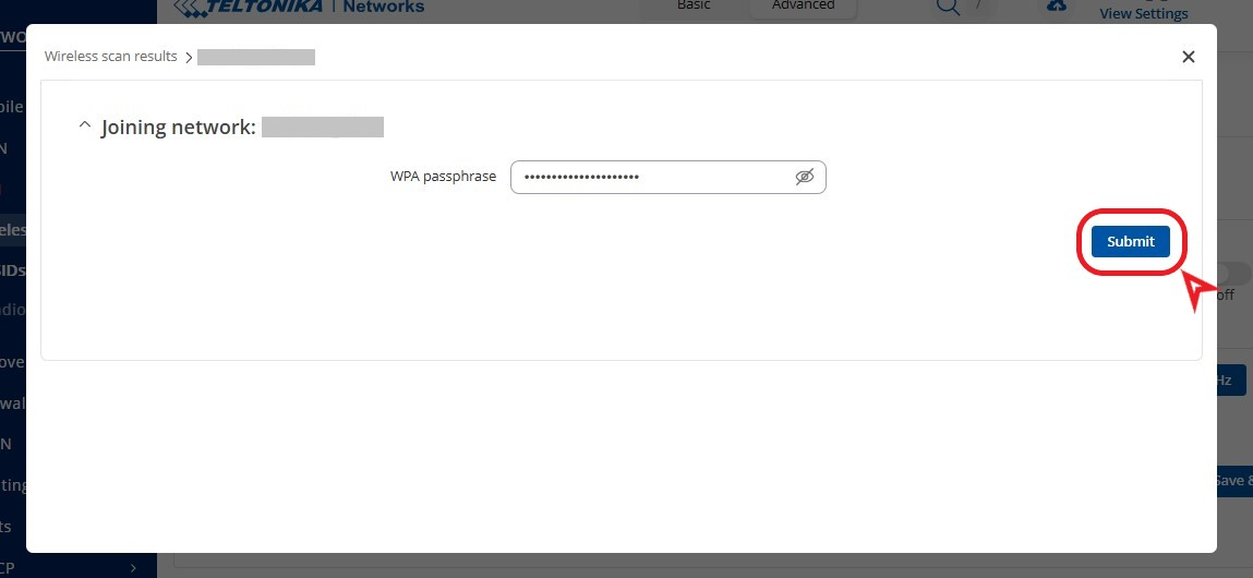 Password and name for WiFi network to which you connect as a client