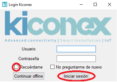 Ventana emergente para el inicio de sesión en kiParameters (inicio de sesión correcto)