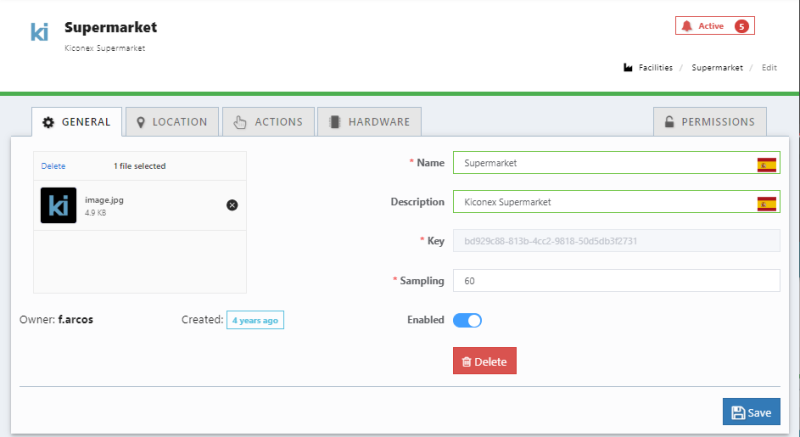 Appearance of the general configuration tab of the facility. You can see how to configure image, name, description and enabled or disabled status