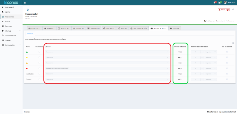 Configuration of alarm notifications via e-mails